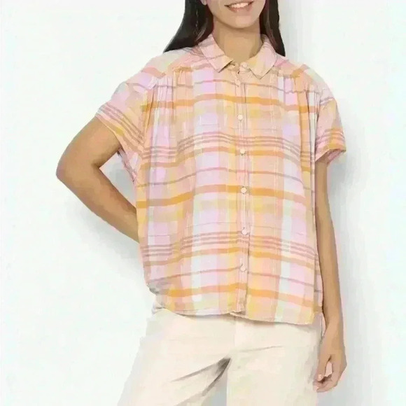 NWT American Eagle Plaid Short Sleeve Pink Orange Button Down Shirt Size X-Small - Picture 1 of 7